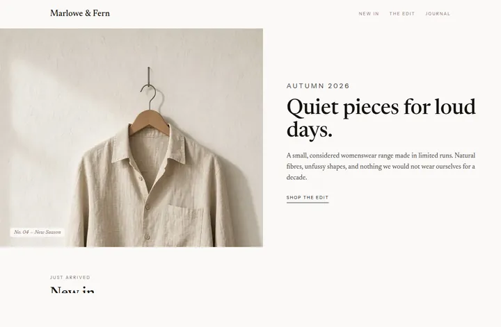 The Marlowe & Fern demo site: editorial serif on near-white with blush tones.