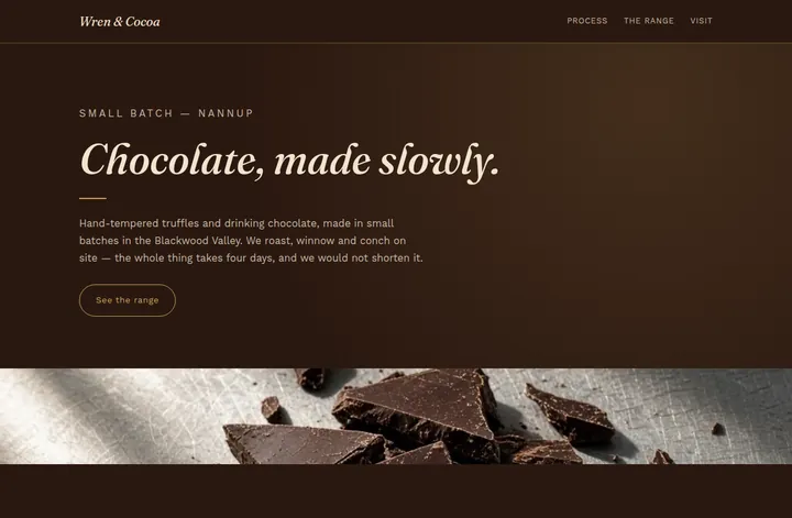 The Wren & Cocoa demo site: italic serif on deep cacao brown with gold.