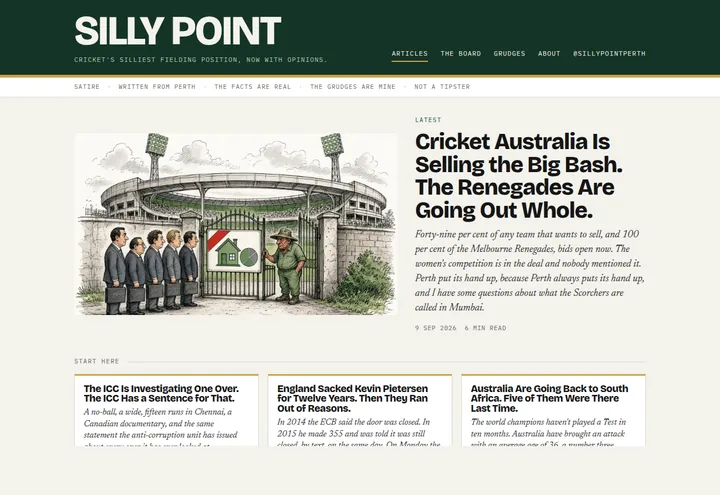 The Silly Point site: a dark green masthead over a cream page, with a lead article and three columns of cricket writing set in a serif.