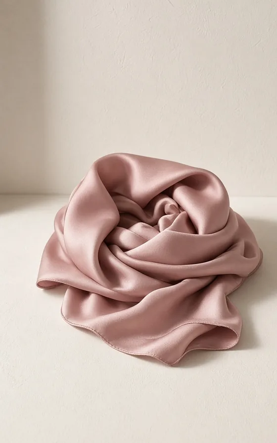 A dusty rose silk scarf, loosely coiled.