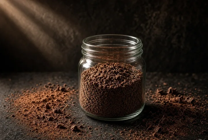 Grated drinking chocolate in a glass jar.