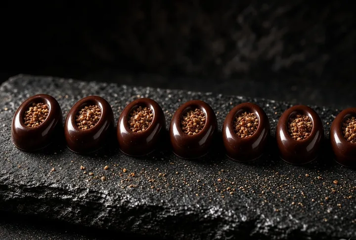 A row of glossy chocolate praline shells.