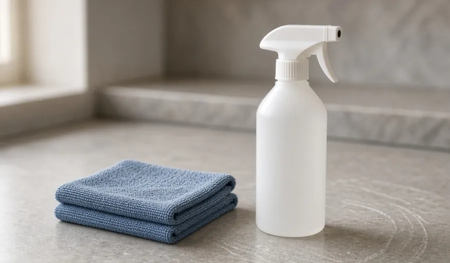 A folded microfibre cloth and a spray bottle on a wiped kitchen bench.