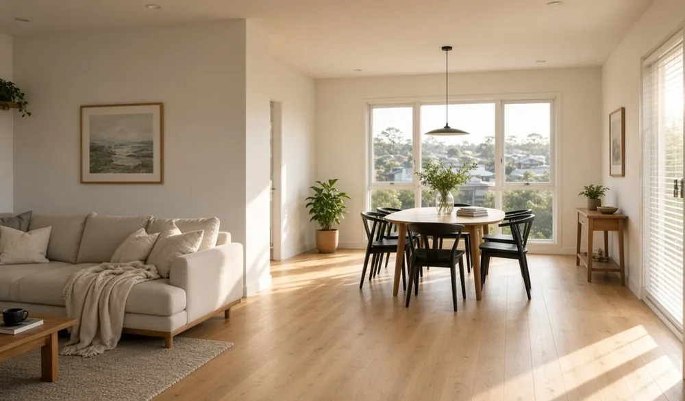 A bright open-plan living and dining room with afternoon sun across the floorboards.