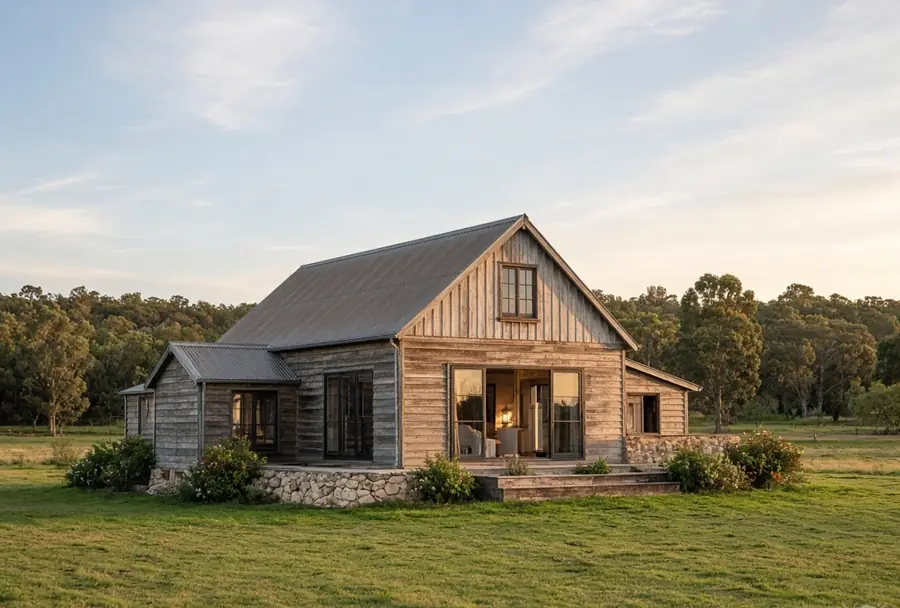 A converted timber farm building on acreage, open paddock behind.