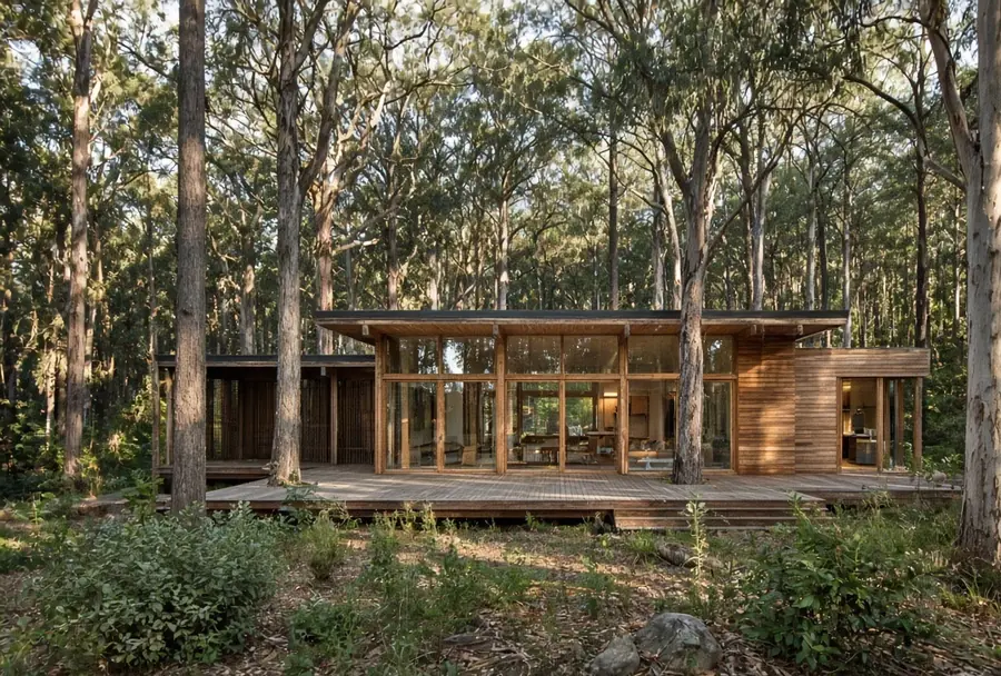 A low timber and glass house set among tall trees.