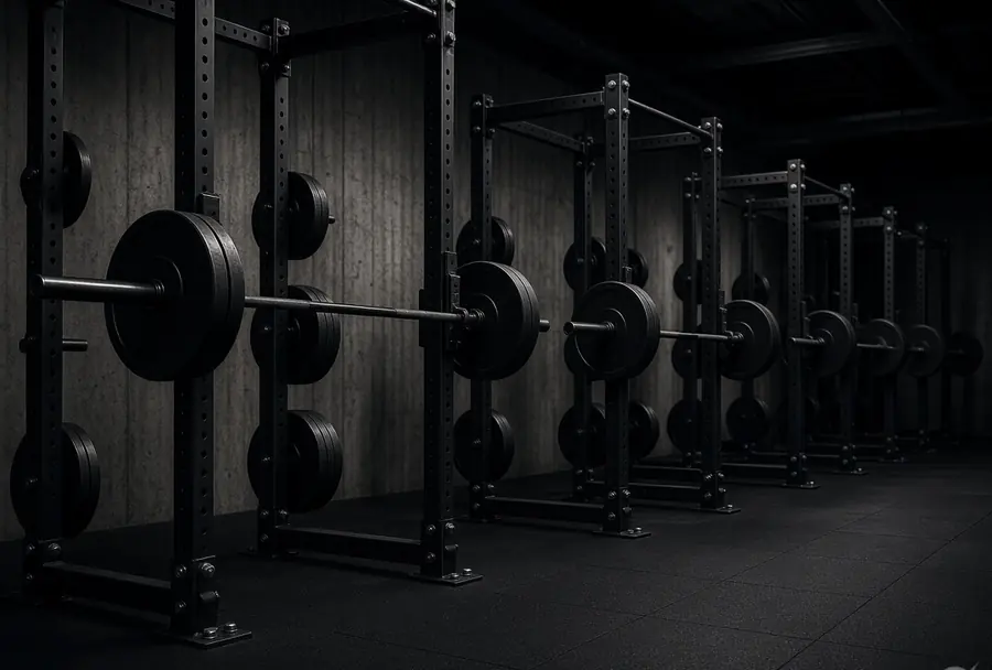 A row of loaded squat racks receding into shadow.