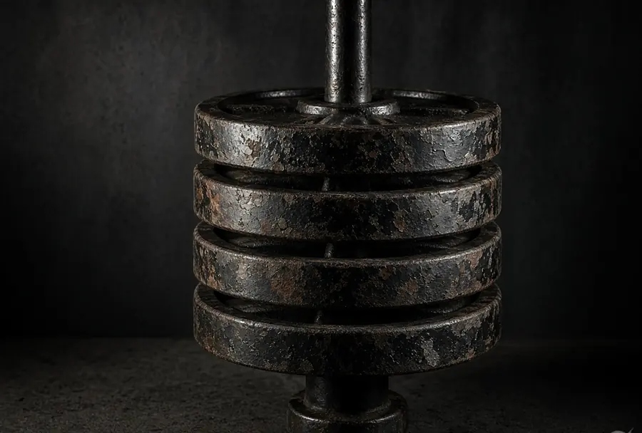 Worn cast iron weight plates stacked on a rack.
