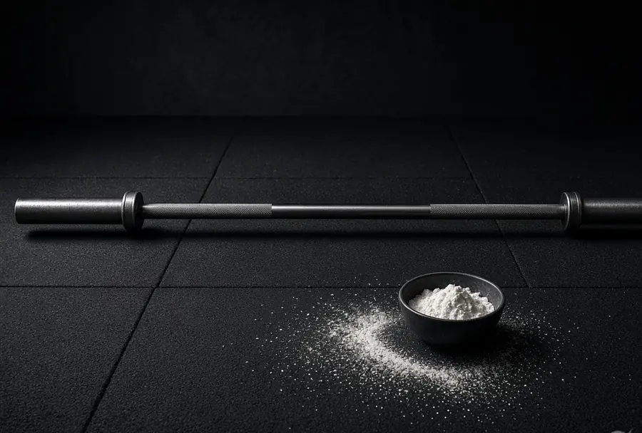 A knurled barbell on rubber flooring beside a bowl of chalk.