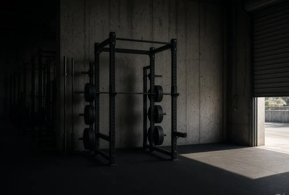 A small warehouse strength gym, racks along one wall, lit from a partly open roller door.