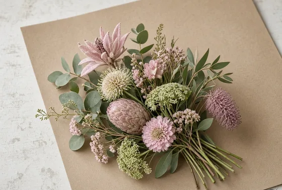 A small posy of mixed seasonal flowers on brown paper.