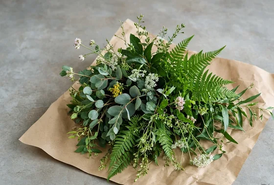 A green, loosely gathered arrangement wrapped in paper.