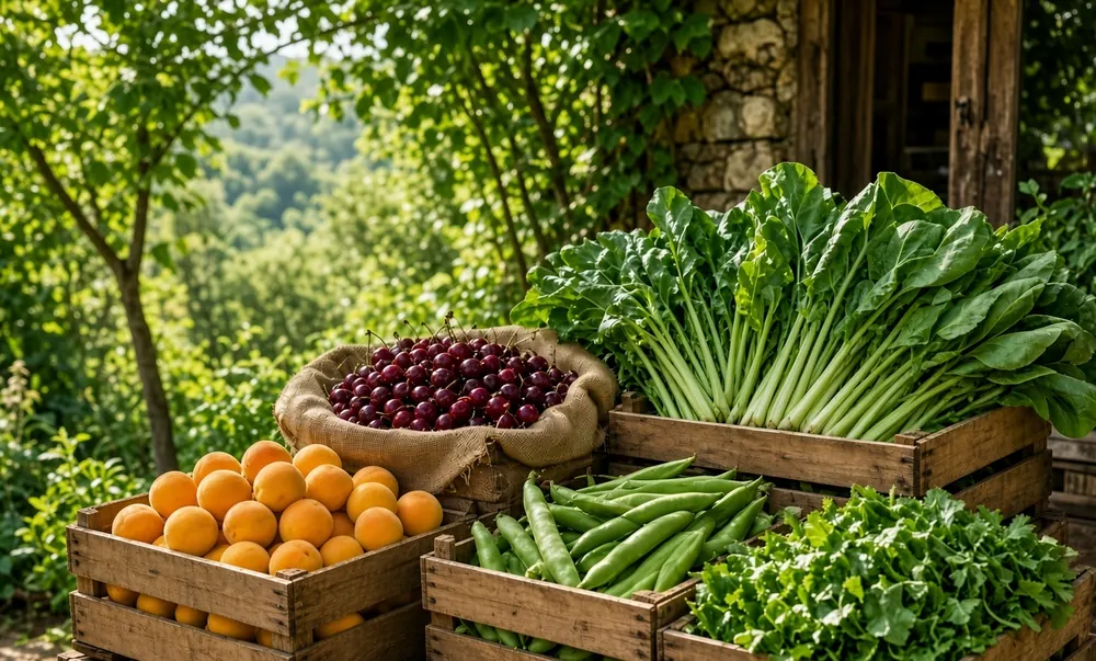 Wooden crates of oranges, cherries and leafy greens outside a greengrocer.