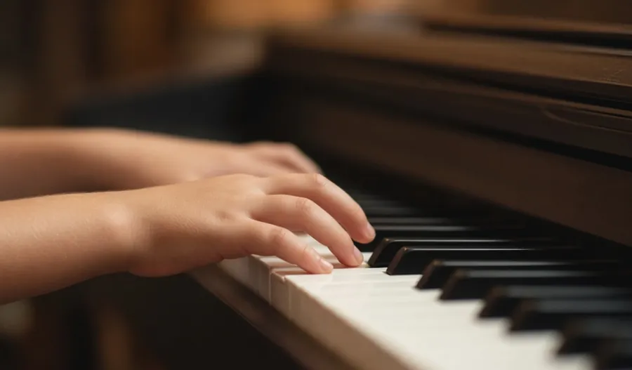 A child's hands on the keys of a piano, seen from the side.