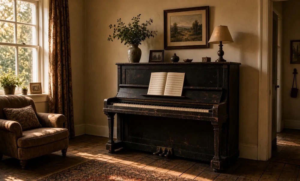 An upright piano against a warm wall, sheet music open on the stand.