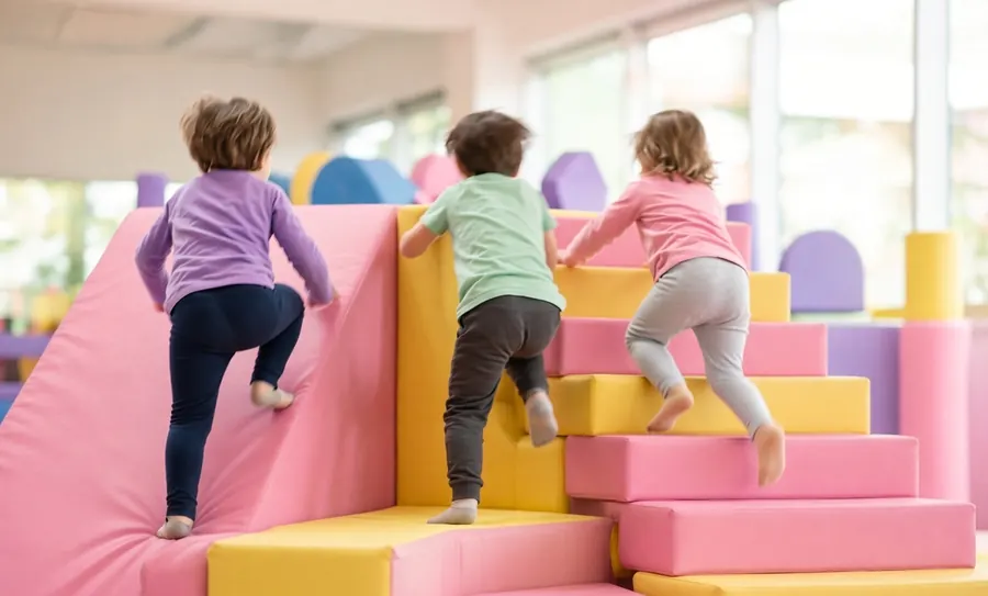 Three young children climbing padded soft-play steps, seen from behind.