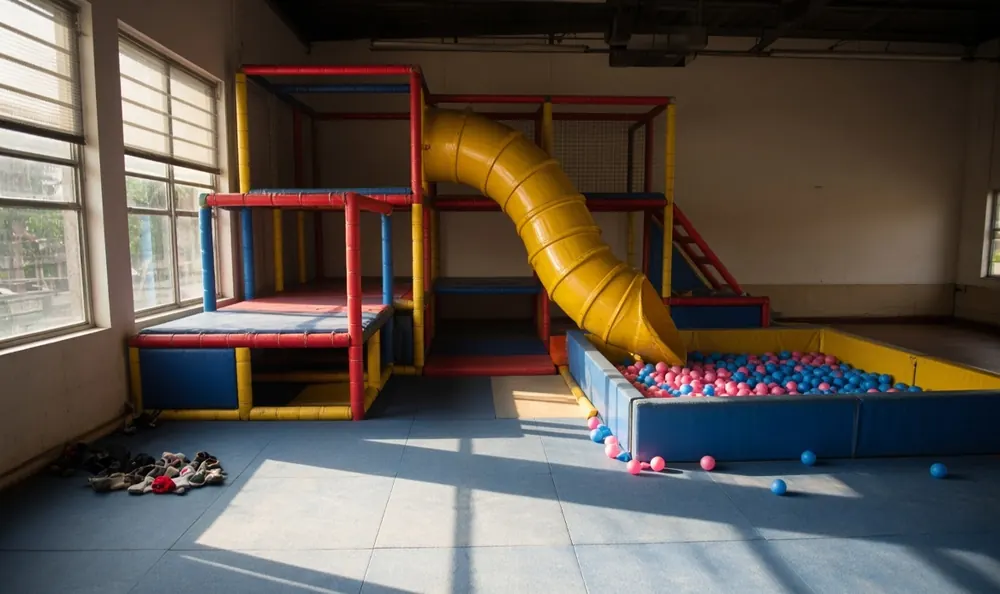 A sunlit indoor play centre with a climbing frame, a yellow tube slide and a ball pit, shoes piled by the door.