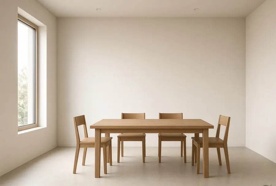 An empty meeting room with a plain timber table and simple chairs.