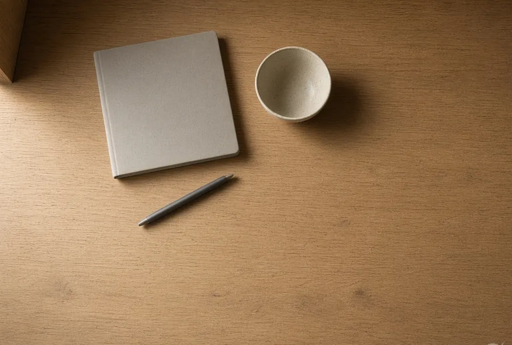A tidy desk corner from above: a closed notebook, a pen and a cup in morning light.
