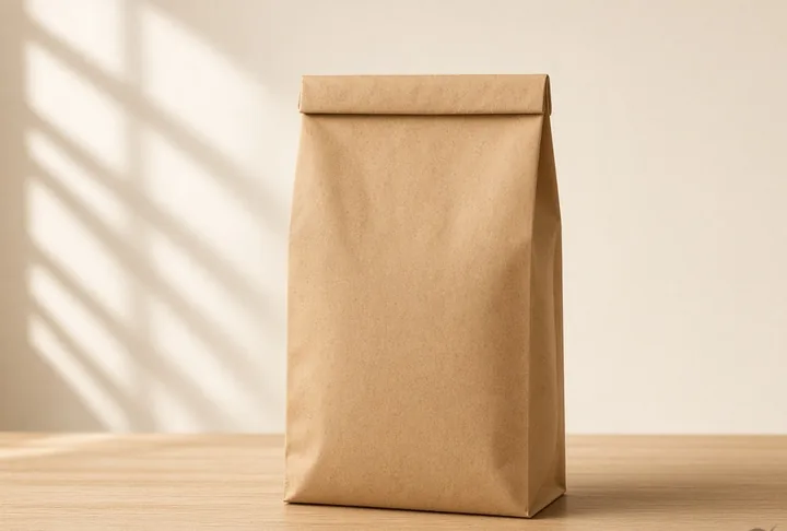 A plain kraft paper coffee bag standing upright.