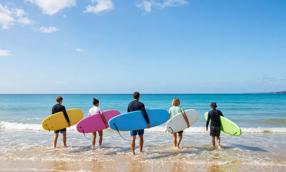 Five people carrying surfboards into shallow water at a wide sandy beach.