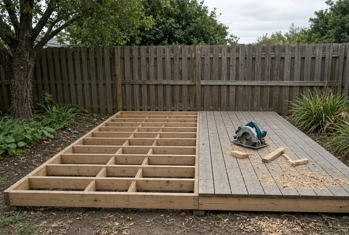 A part-built timber deck with joists exposed and a circular saw on the boards.