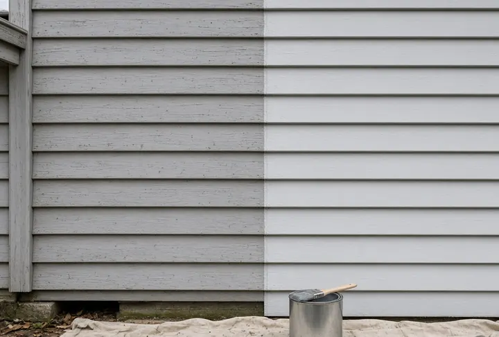 A weatherboard wall half repainted, with a paint tin below.