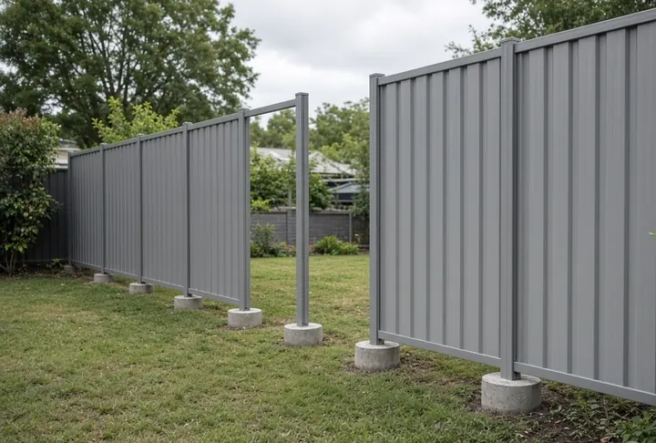 A new Colorbond fence part-installed, posts set in concrete.
