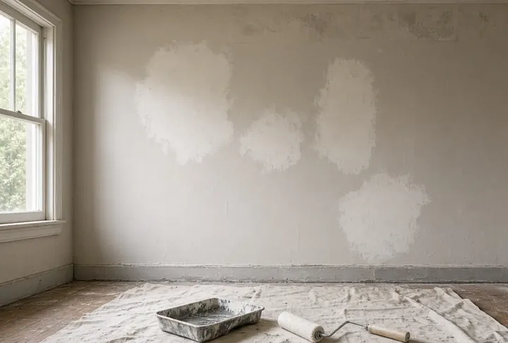 An empty rental interior mid-repair, patched wall and a roller tray on a drop sheet.