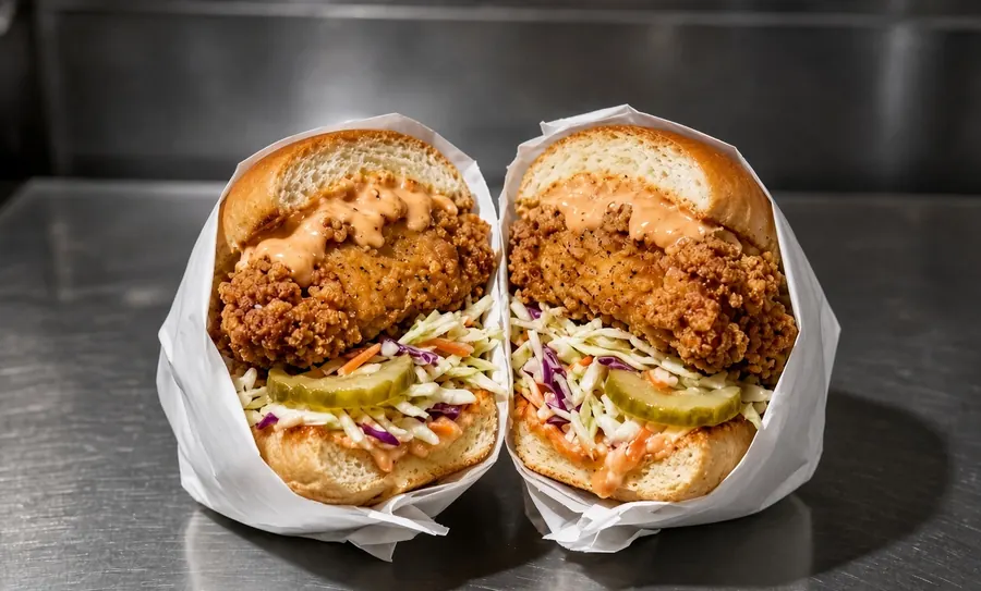 A fried chicken sandwich in paper, cut in half on a steel counter.