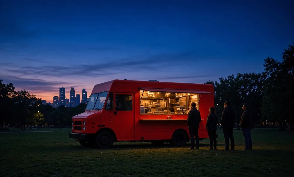 A red food truck at dusk with its serving hatch lit and a few people waiting alongside.
